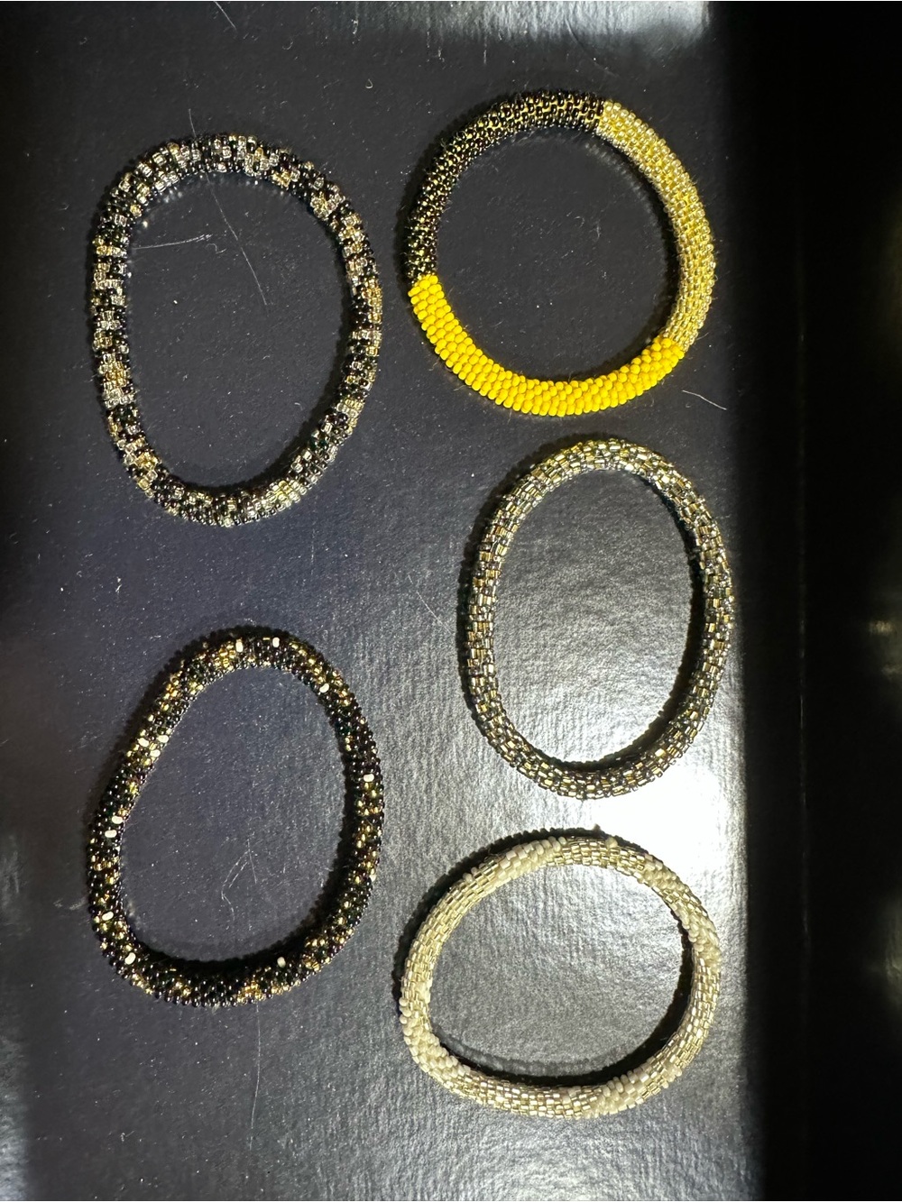 Handmade Beaded Stretch Bracelet Set - Yellow, Black & Gold Tones